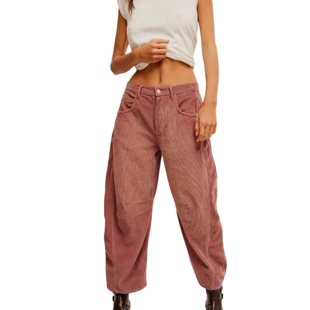 We The Free Free People Good Luck Mid Rise Barrel Corduroy Pants Pink Rose 28